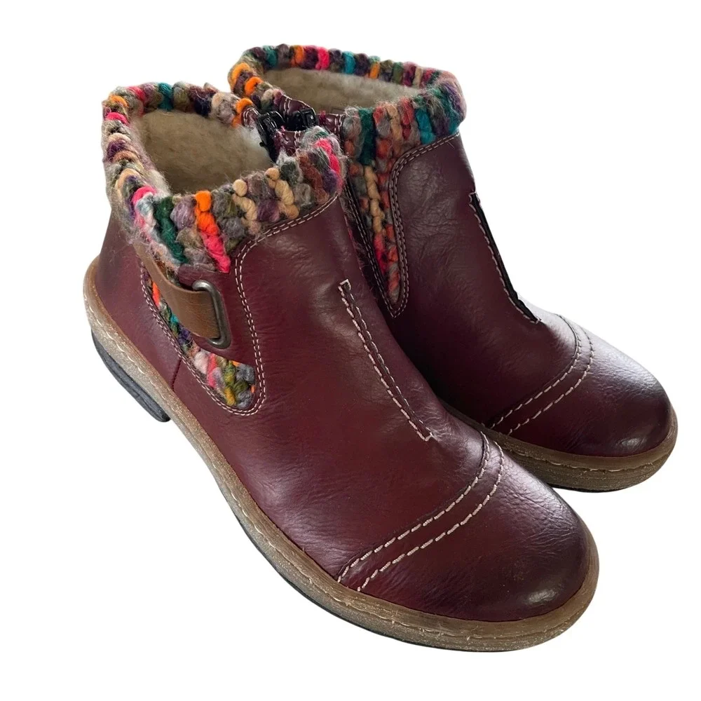 Rieker Ankle Boots Womens 37 Burgundy Boho Knit Collar Zip Z6784-35 Antistress